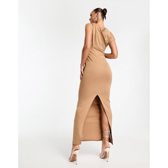 ASOS DESIGN Asymmetric Back Slit Maxi Dress Camel size 0 - Picture 5 of 15